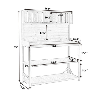 65" Large Outdoor Potting Bench Table, Wooden Farmhouse Rustic Patio Workstation with 4 Storage Shelves and Side Hook, Garden Potting Bench Station, Natural