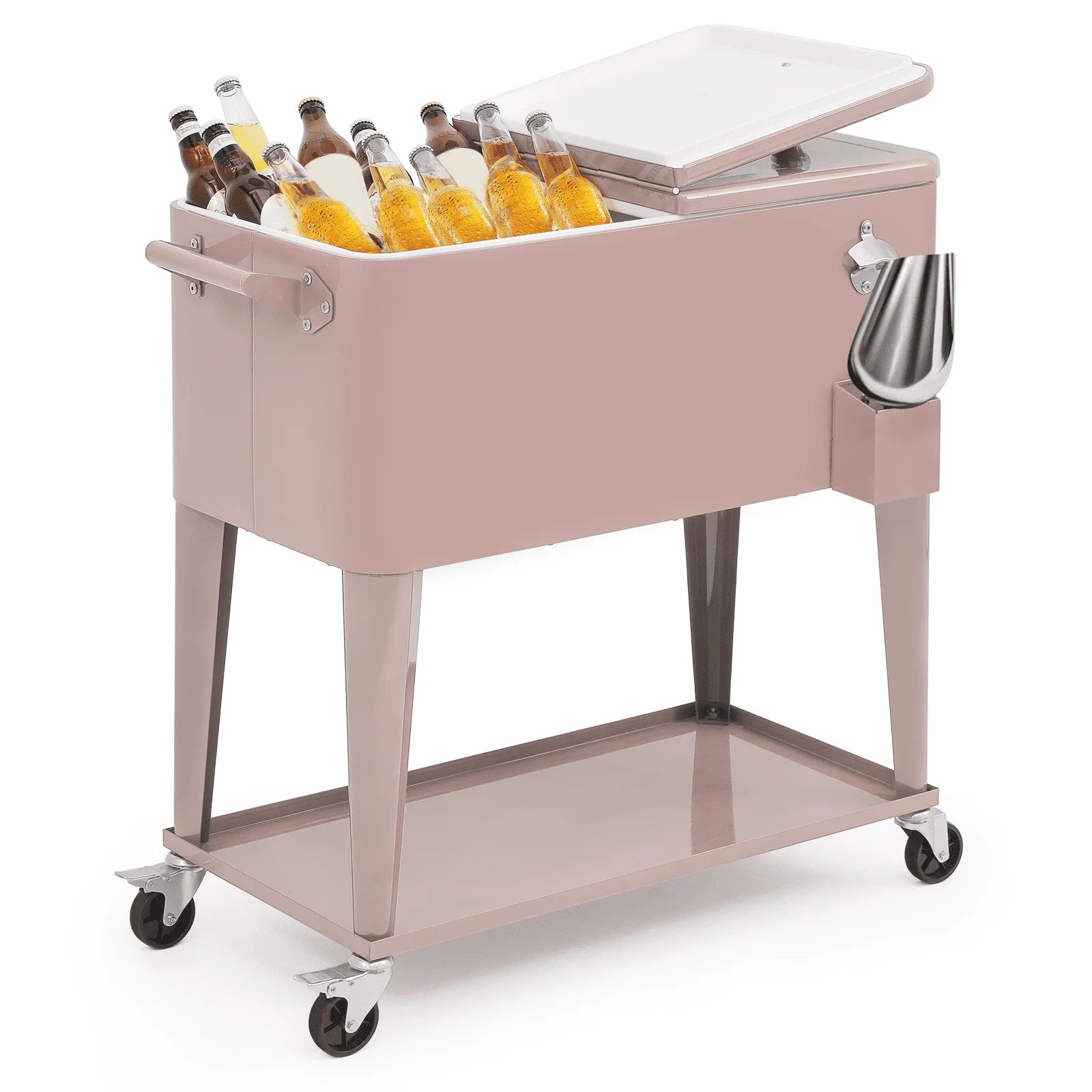 MADOG 80 Quart Rolling Cooler Ice Chest for Outdoor Patio Deck Party, Bar Cold Drink Beverage Cart Tub, Backyard Cooler Trolley on Wheels with Ice Scoop, Catch Tray & Bottle Opener, Pink