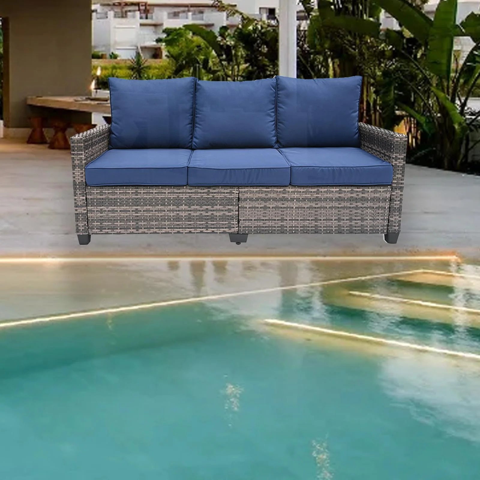 Decksplore All Weather Wicker Patio Couch, 3 Seats Patio Sofa with High Curvy Back, Premium Outdoor Sofa with Brown Wicker and Thick Cushions for Garden, Backyard, Porch Navy Blue