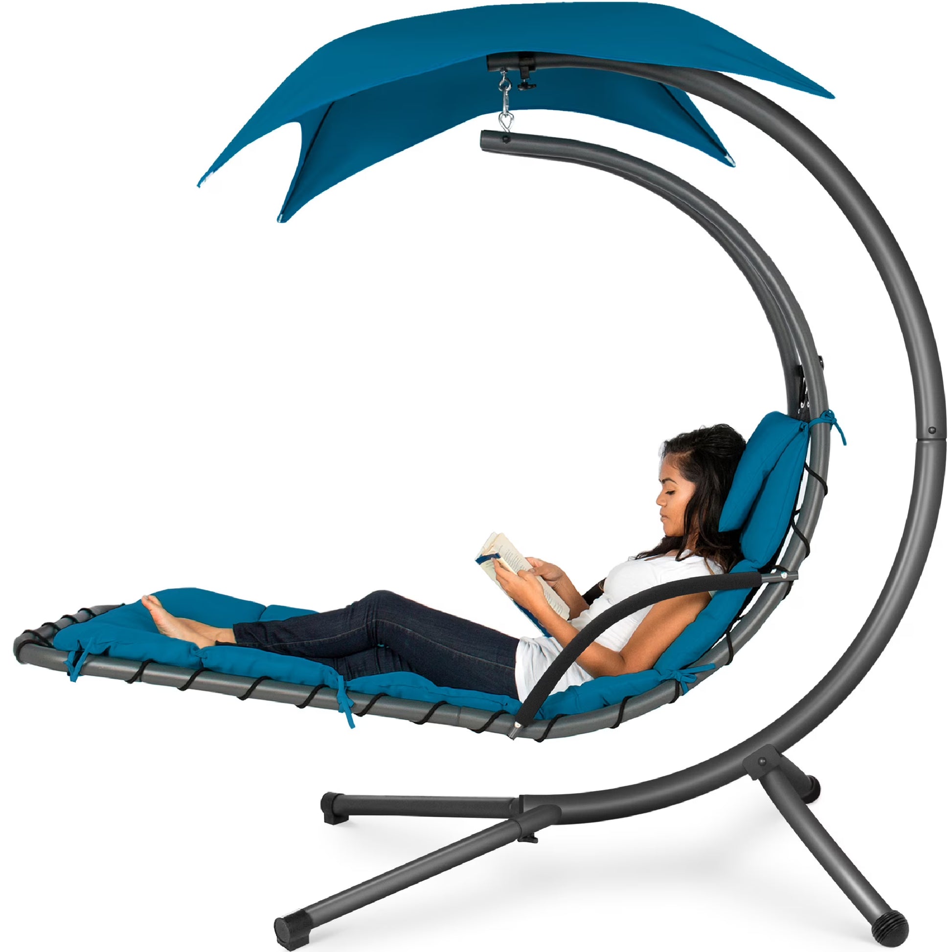 Best Choice Products Hanging Curved Chaise Lounge Chair Swing for Backyard, Patio w/Pillow, Shade, Stand - Teal