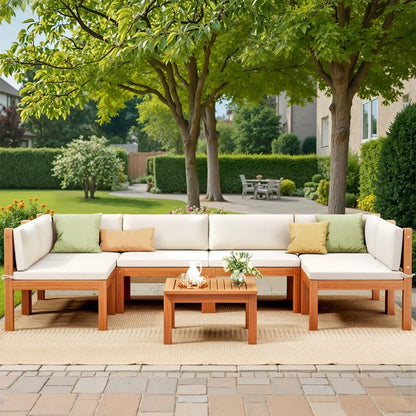 Devoko 7 pieces Patio Acacia Wood Sectional Sofa with CushionsOutdoor Furniture Set for Porch, Yard and Balcony