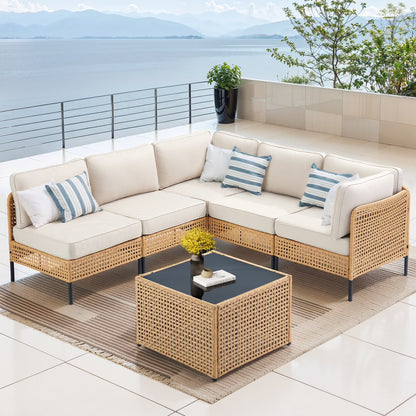 Swpormundo 6 Piece Wicker Patio Furniture Set,Outdoor Conversation Sectional Sofa w/Coffee Table,All-Weather Outdoor Sofa with Thick Cushions for Deck,Poolside,Garden,Beige