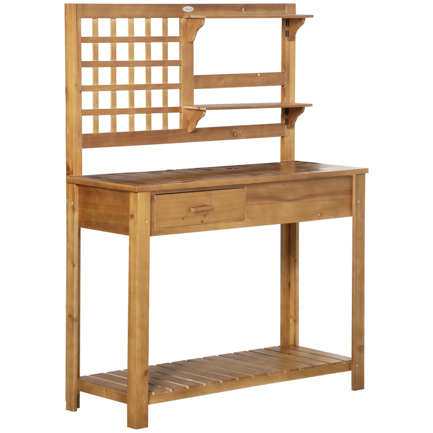 Outsunny Potting Bench Table, Garden Work Bench, Outdoor Wooden Workstation with Tiers of Shelves and Drawer for Patio, Courtyards, Balcony, Grey