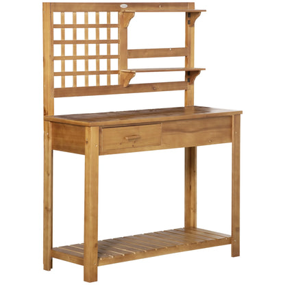 Outsunny Potting Bench Table, Garden Work Bench, Outdoor Wooden Workstation with Tiers of Shelves and Drawer for Patio, Courtyards, Balcony, Grey