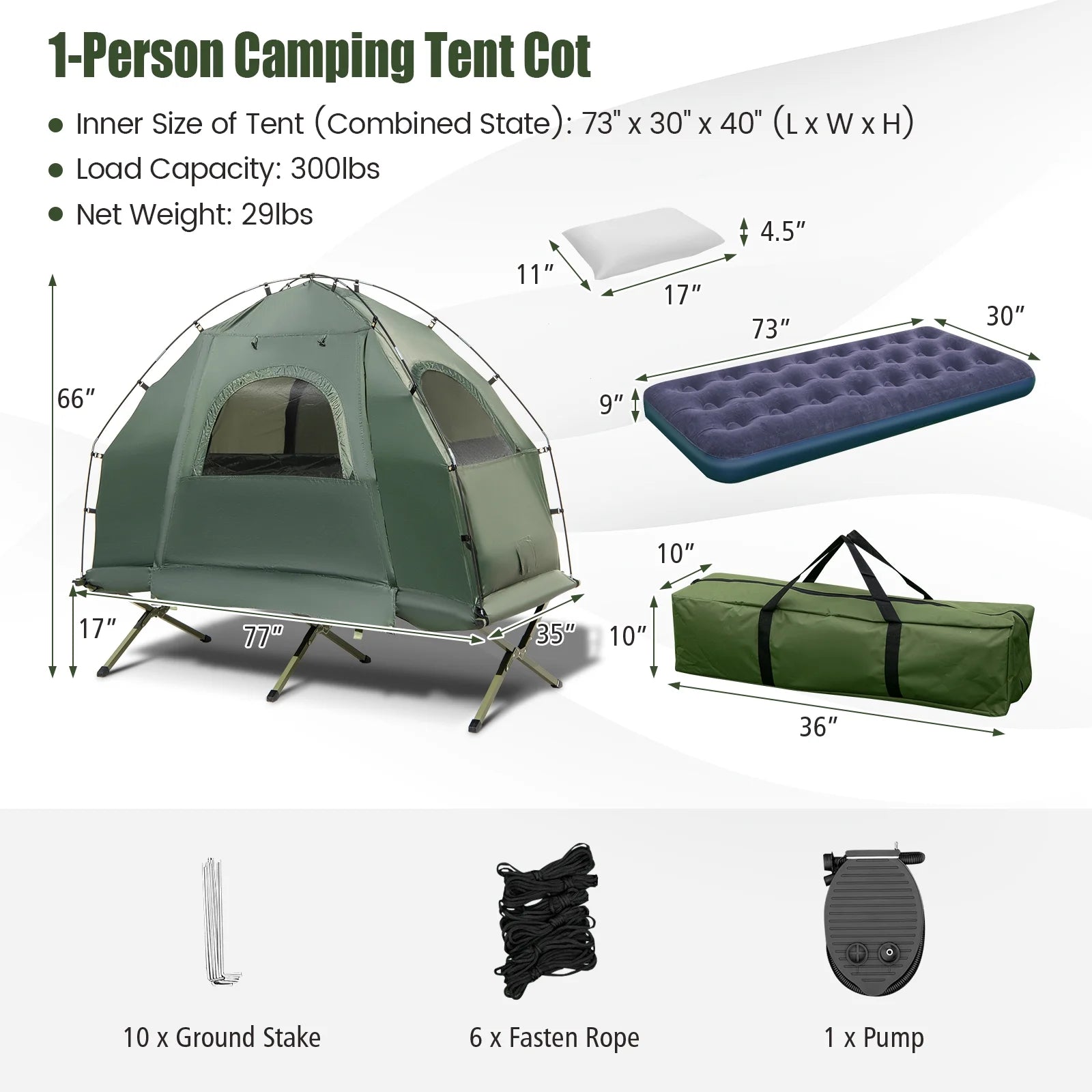 Patiojoy 1-Person Folding Camping Tent Cot Portable Pop-Up Tent w/Sleeping Bag & Air Mattress for Outdoor