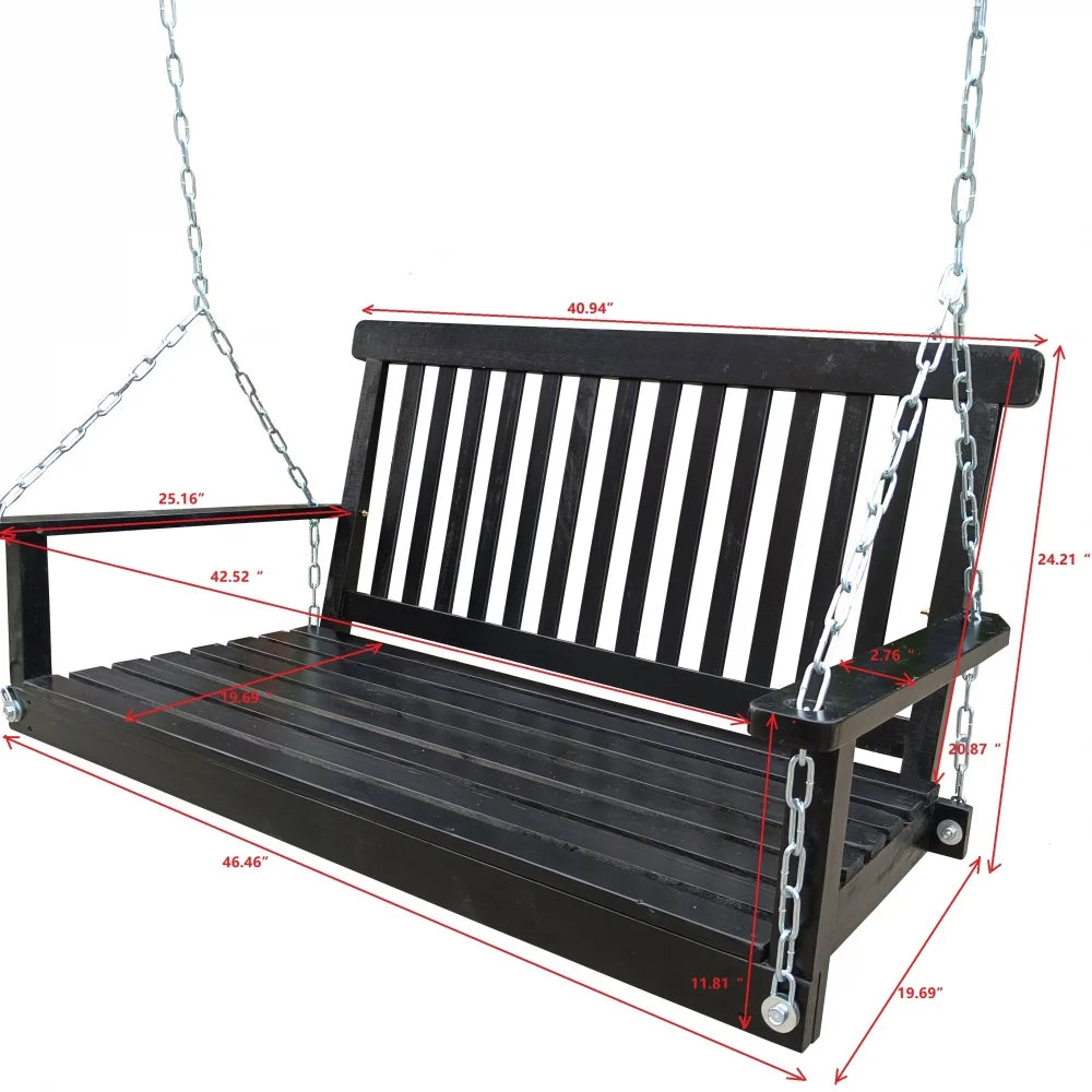 Front Porch Swing with Armrests,Wood Swing Bench with Hanging Chains for Outdoor Patio Garden Yard,800 LBS Weight Capacity,Easy to Assemble,Black