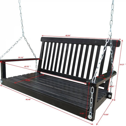 Front Porch Swing with Armrests,Wood Swing Bench with Hanging Chains for Outdoor Patio Garden Yard,800 LBS Weight Capacity,Easy to Assemble,Black
