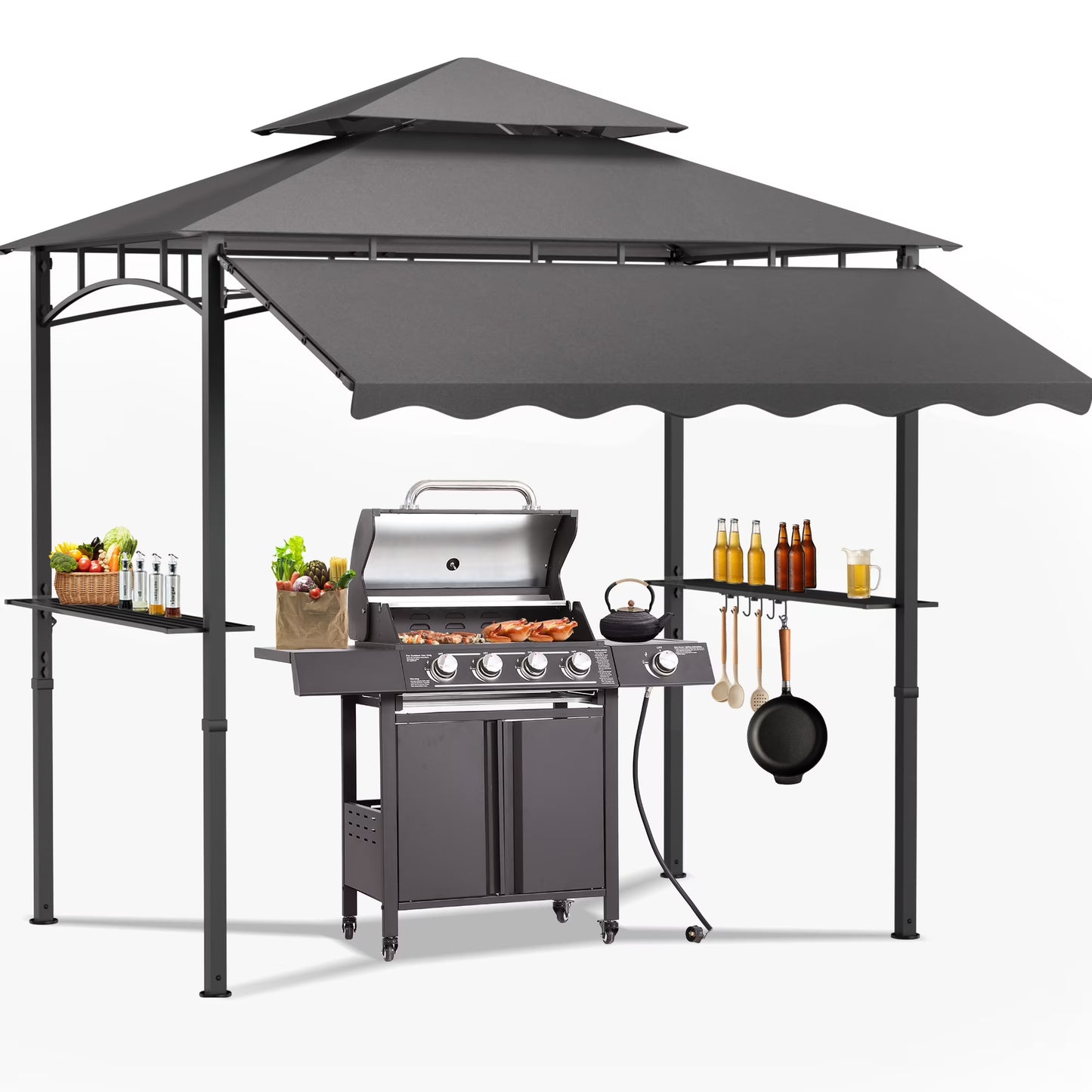 Magic Union 8'X8' Grill Gazebo Canopy - Heavy Duty Steel Frame, Double Tiered Grill Canopy for Outdoor Grill W/Shelves, Ceiling Hooks and Ground Stakes, Patio Canopy Tent BBQ Gazebo for Backyard