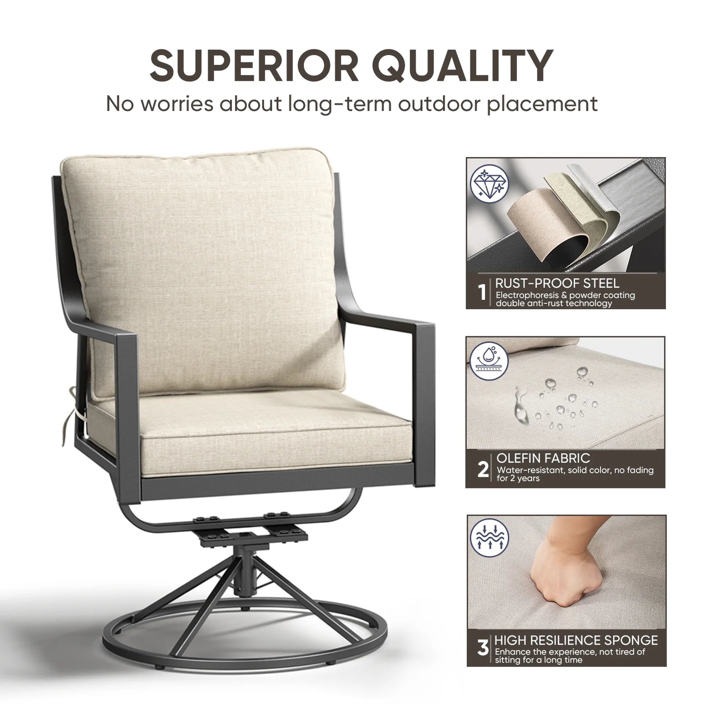 OPOHORO Swivel Rocker Patio Chairs Set of 4, Outdoor PE Wicker Dining Chairs with Beige Olefin Cushions and Gray Metal Frame, 360° Swivel & Rocking Motion for Garden Deck Porch