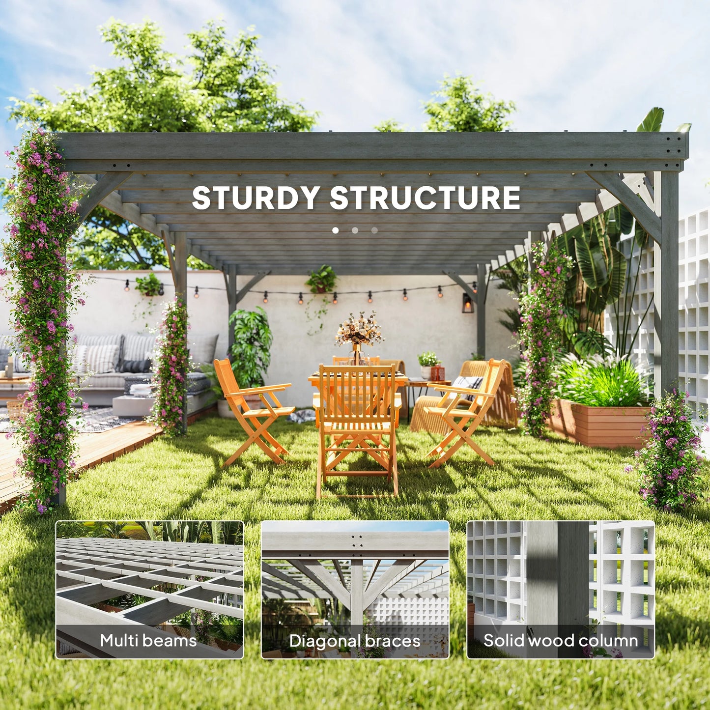 Outsunny 12' x 20' Outdoor Wooden Pergola, Grape Vine Gazebo with Concrete Anchors for Garden, Patio, Backyard, Deck, Gray