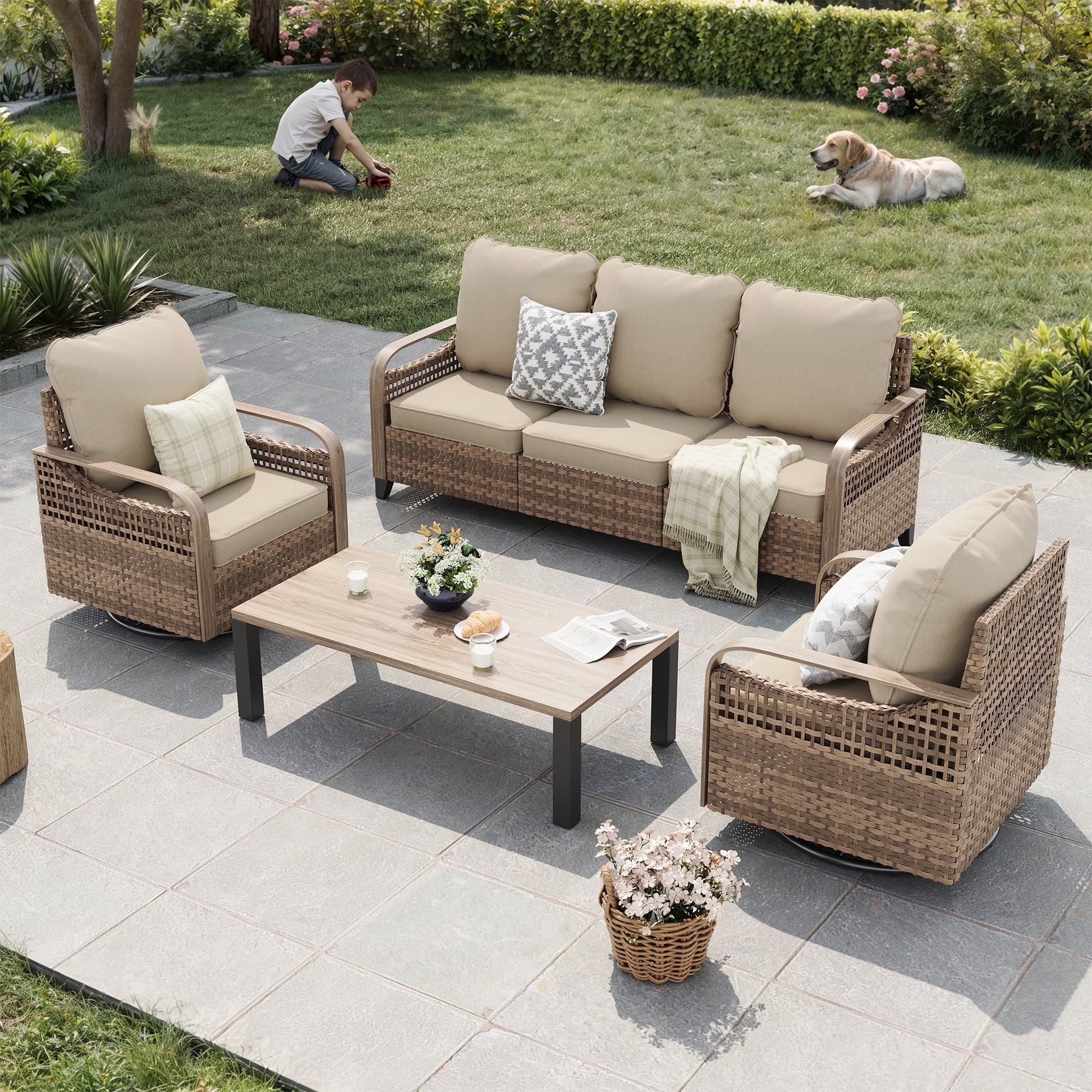ELPOSUN L Shaped Conversation Sectional Sofa Set with Coffee Table, 5 Pieces Patio Furniture Seating Group with Side Table for Backyard Garden, Beige Grey