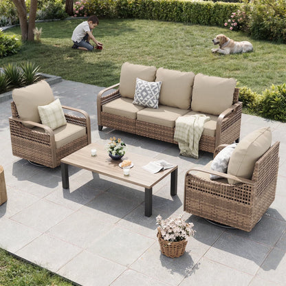 ELPOSUN L Shaped Conversation Sectional Sofa Set with Coffee Table, 5 Pieces Patio Furniture Seating Group with Side Table for Backyard Garden, Beige Grey