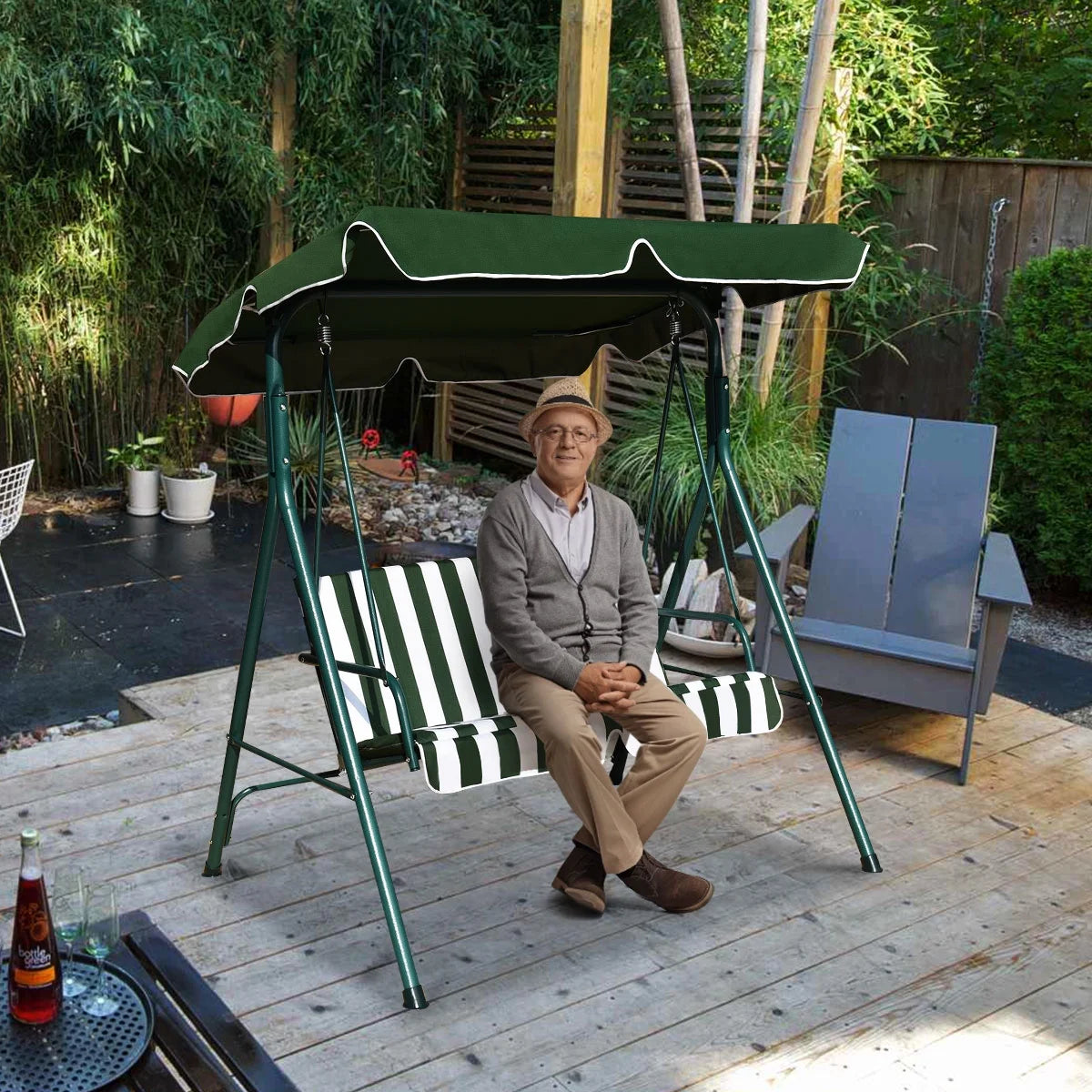 Costway Loveseat Patio Canopy Swing Glider Hammock Cushioned Steel Frame Outdoor Green