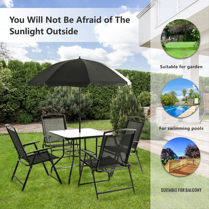 Sobaniilo 6 Piece Folding Outdoor Dining Set for 4, Metal Patio Garden Patio Furniture Table and Chair Set with Umbrella, Black