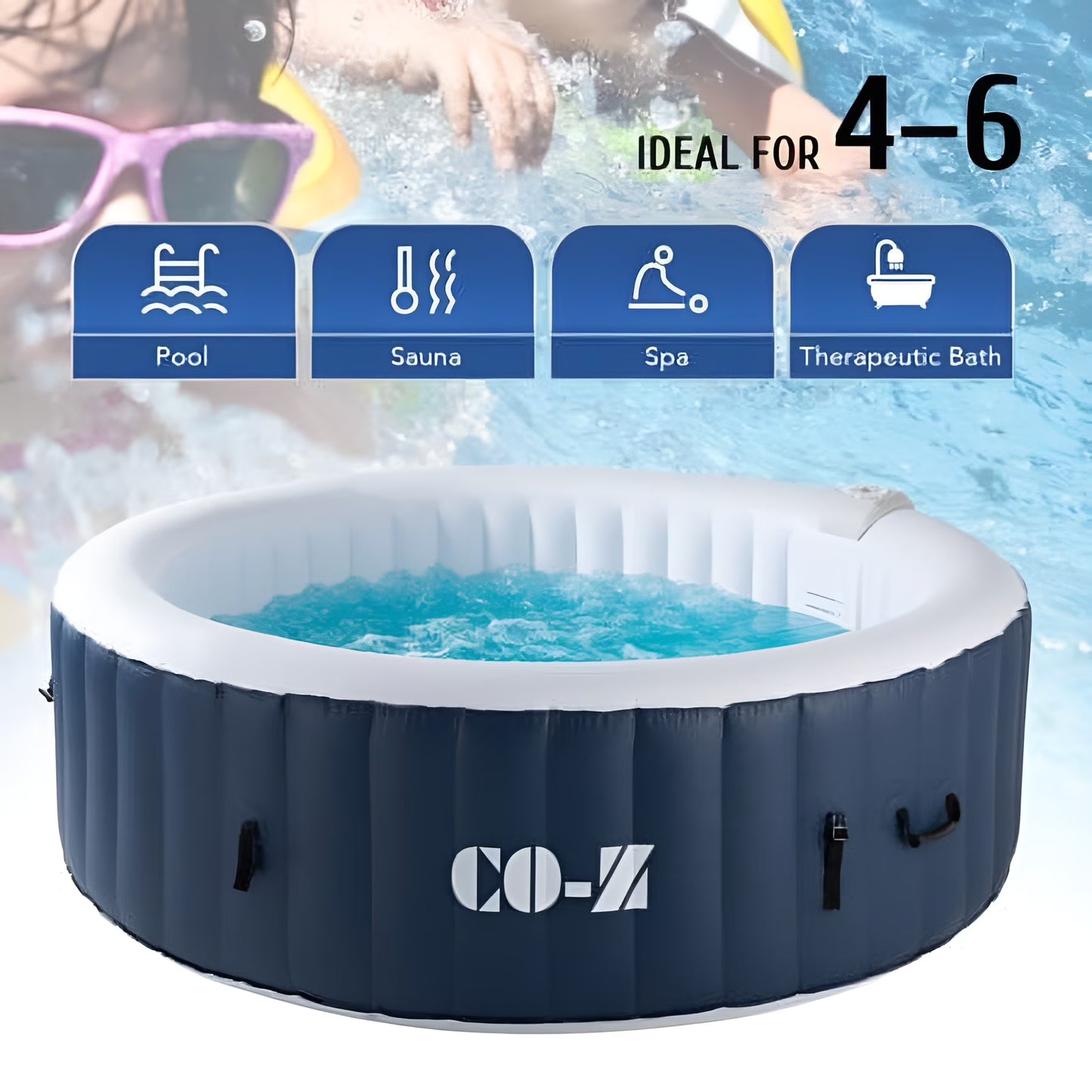 CO-Z 6.8x6.8ft PVC Round Inflatable Spa Tub w 130 Massaging Jets for Patio & More for 4-6 person Blue