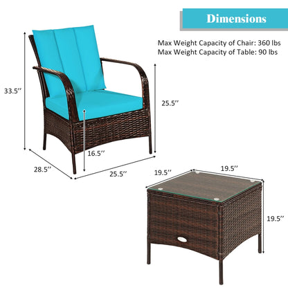 Gymax 3PCS Patio Rattan Conversation Set Outdoor Furniture Set w/Turquoise Cushion