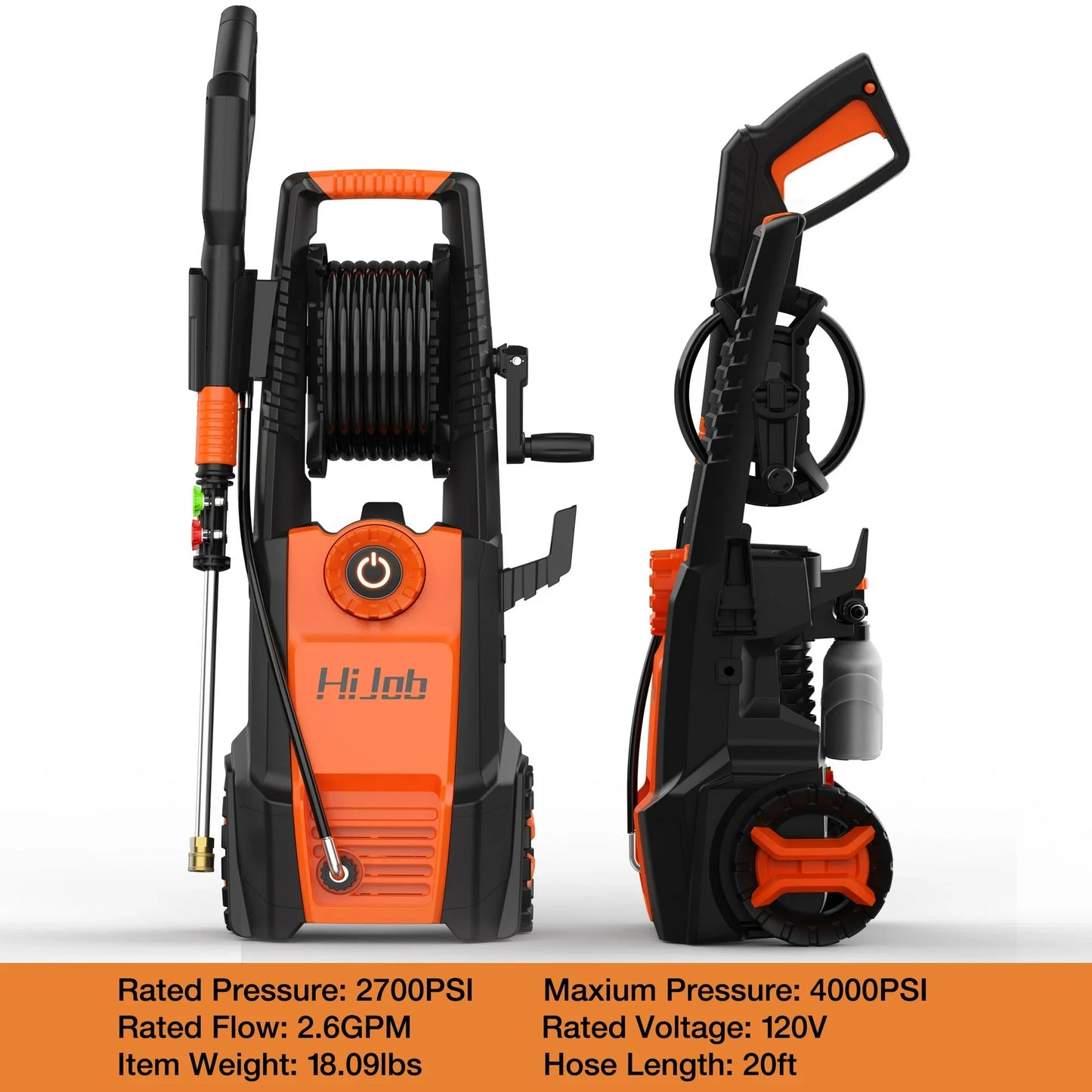 HIJOB Electric 4000 PSI High Power Water Washers Machine w/20 ft Hose, 4 Nozzles, Max. 2.6 GPM for Patios/Cars/Fences/Driveways
