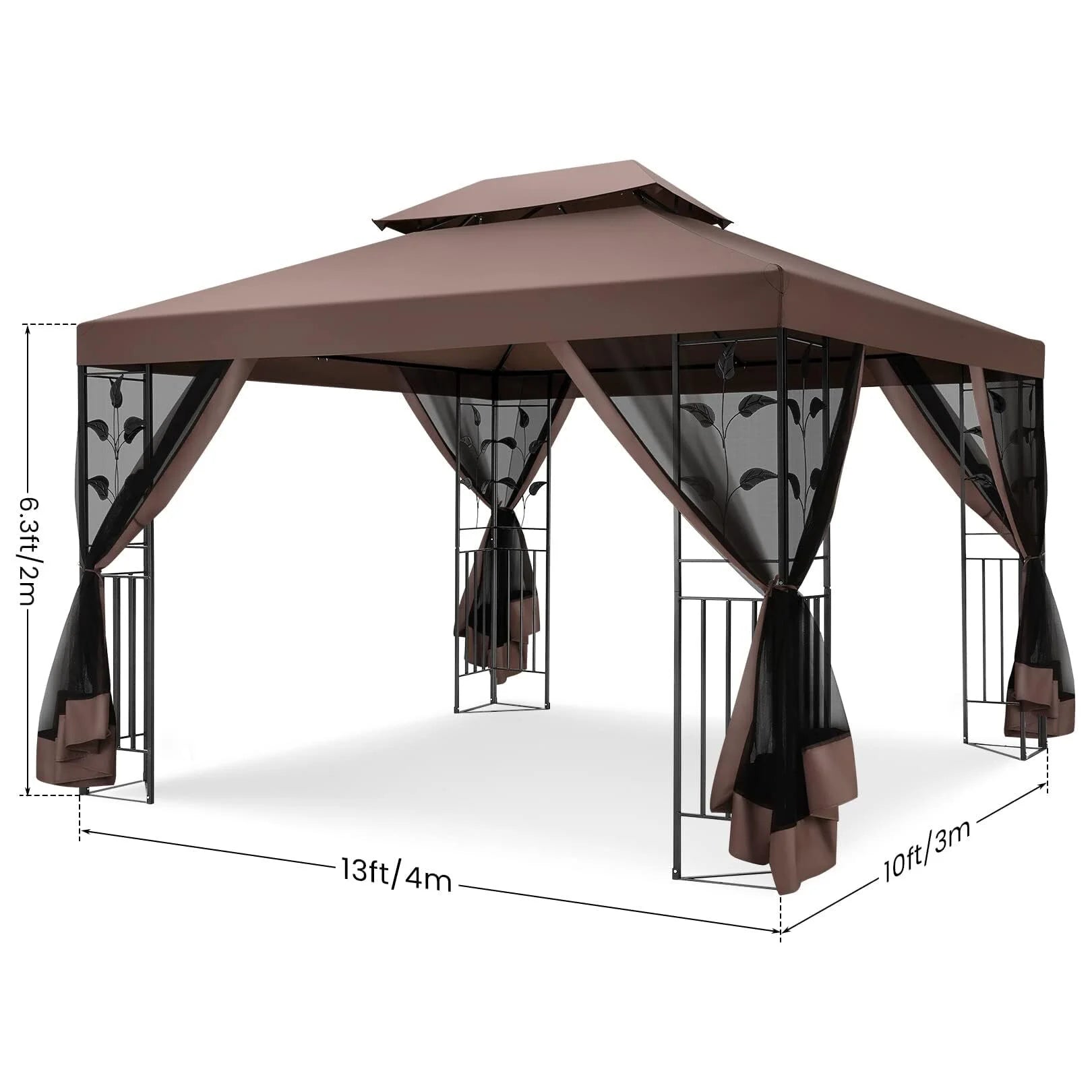 COBIZI Pop-up Gazebo, 10' x 13' Outdoor Steel Double Roof Canopy, Metal Frame Pavilion with Mosquito Netting, Sunshade for Garden, Patio, Lawns, Brown