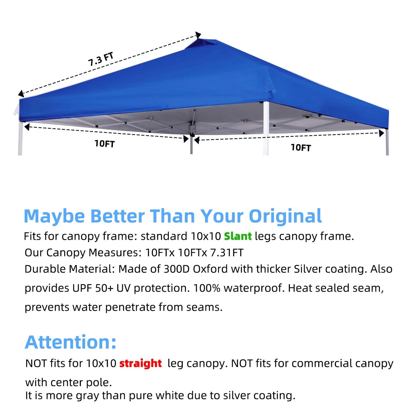 Birodeko Canopy Replacement Top Only, Waterproof Pop-Up Canopy Tent Top Cover with Ropes, Instant Canopy Top Sunshade Silver Coated for Outdoor Garden Patio Camping (Royal Blue, 10x10FT) C99