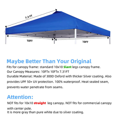 Birodeko Canopy Replacement Top Only, Waterproof Pop-Up Canopy Tent Top Cover with Ropes, Instant Canopy Top Sunshade Silver Coated for Outdoor Garden Patio Camping (Royal Blue, 10x10FT) C99