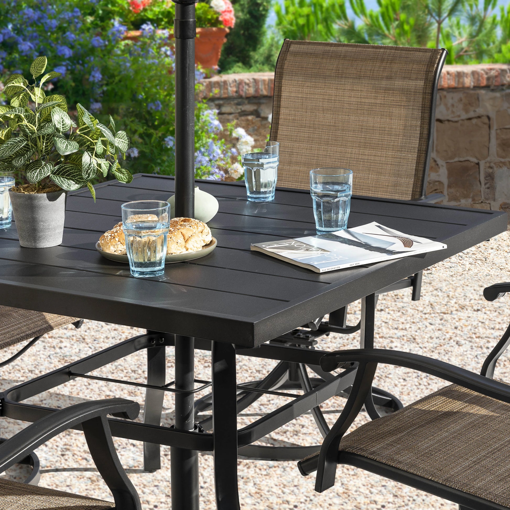 Nuu Garden 5 Piece Outdoor Patio Dining Set, Metal Patio Furniture Set 4 Textilene Swivel Chairs and 37" Square Iron Umbrella Dining Table,Black and Brown
