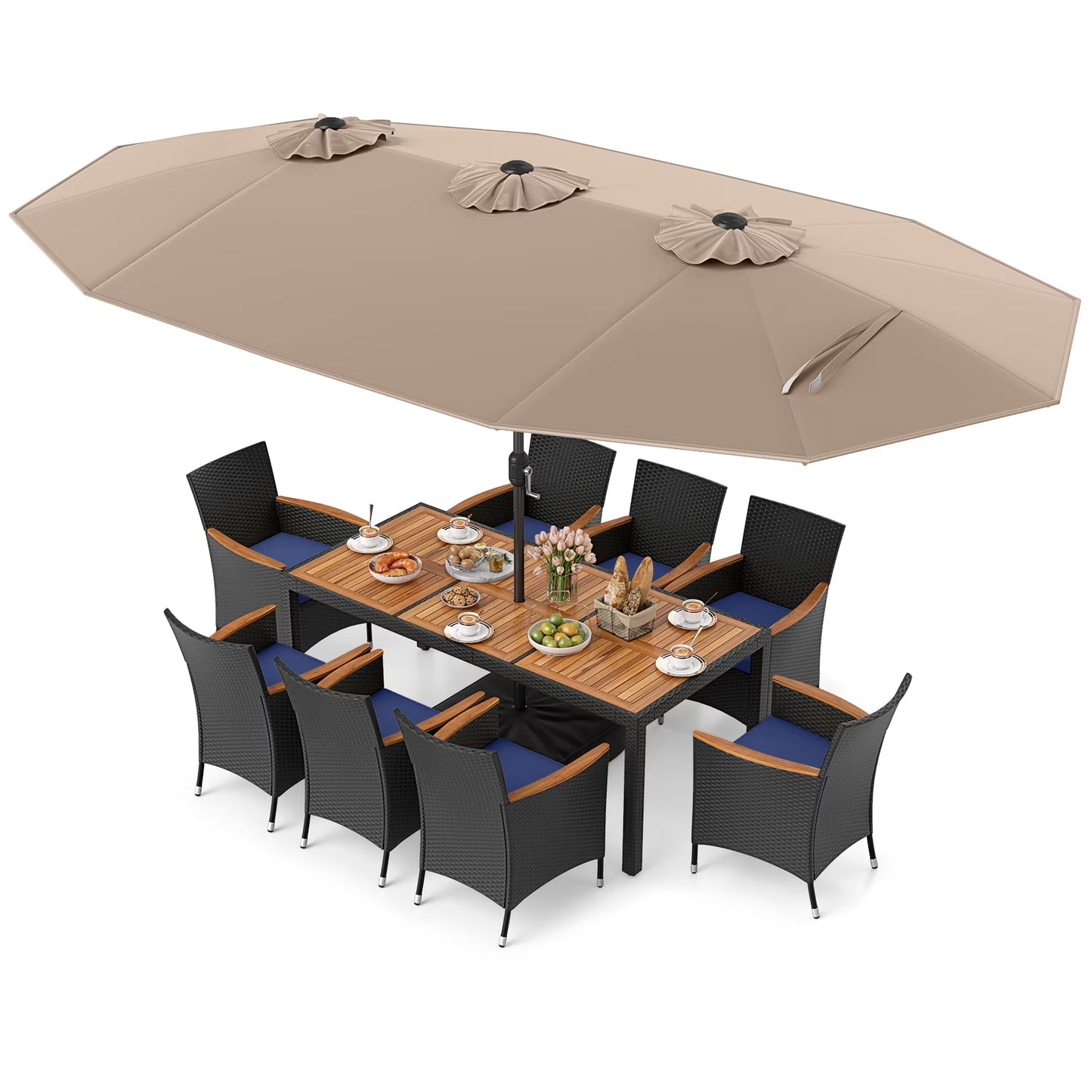 Costway 11 PCS Patio Wicker Dining Set with Double-Sided Outdoor Umbrella 8 Chairs Orange