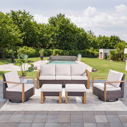 POCASSY 5PCS Patio Furniture Set with Sofa, Swivel Chair and Ottoman, All Weather Wicker Conversation Set Outdoor Seating Group for Pool, Backyard, Garden, Brown Wicker Beige Cushion