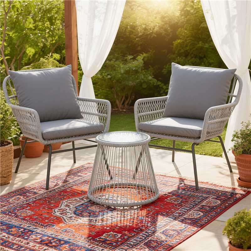 Bezseller 3-Piece Outdoor Wicker Furniture Set, Patio Conversation Set, Gray