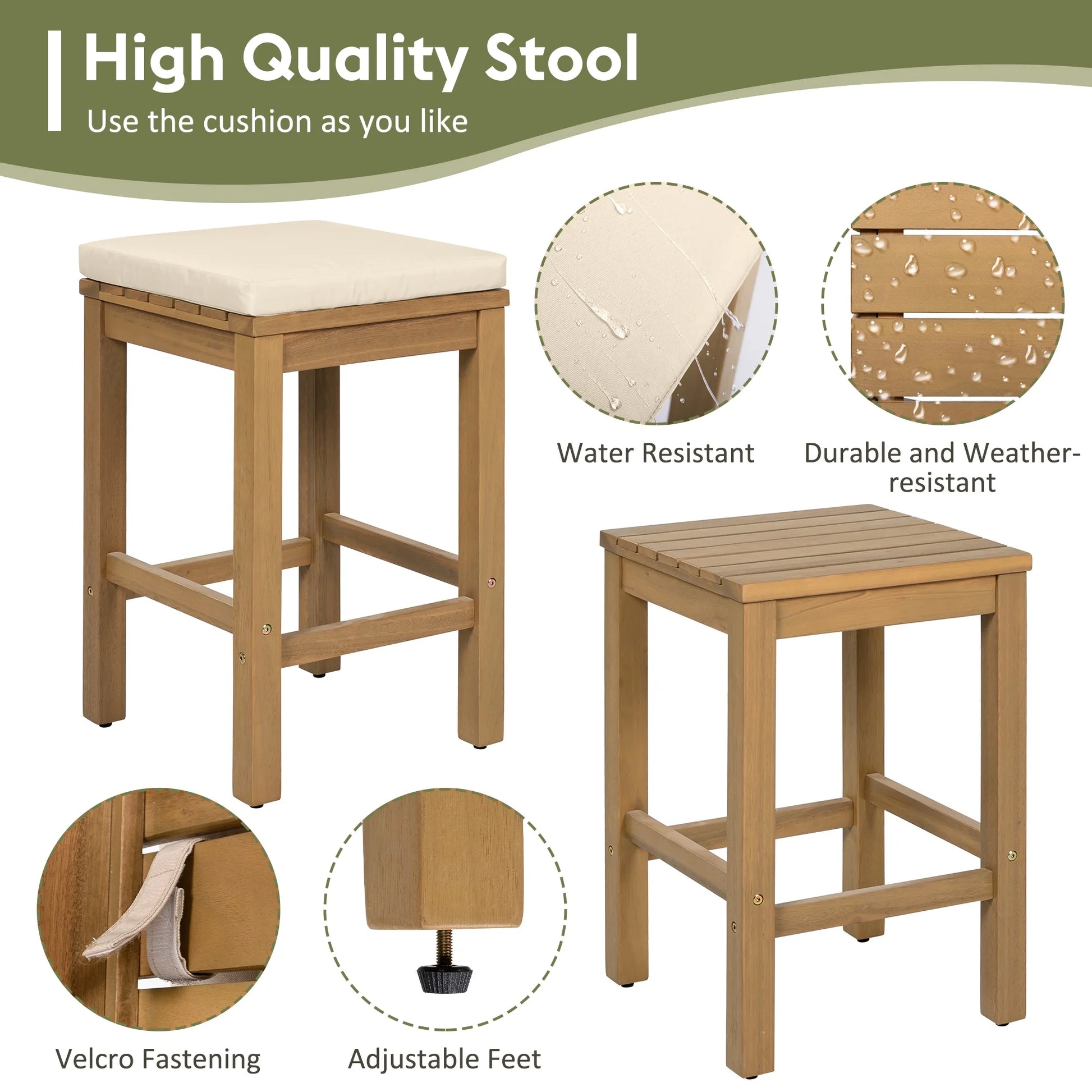 Bellemave 5-Piece Outdoor Bar Set Patio Acacia Wood Bar Height Table and Stools Dining Bar Set with Beige Cushion for Garden, Yard, Poolside