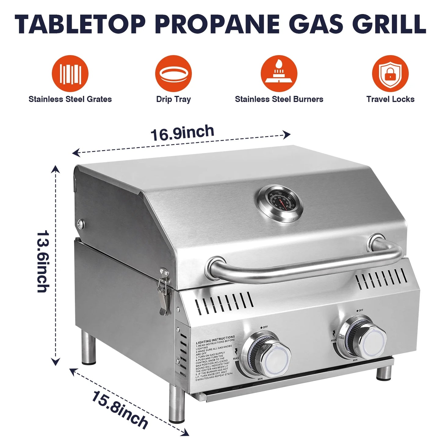 Portable 2-Burner Tabletop Propane Grill for Patio, 20,000 BTU, Stainless Steel, Camping & Tailgating
