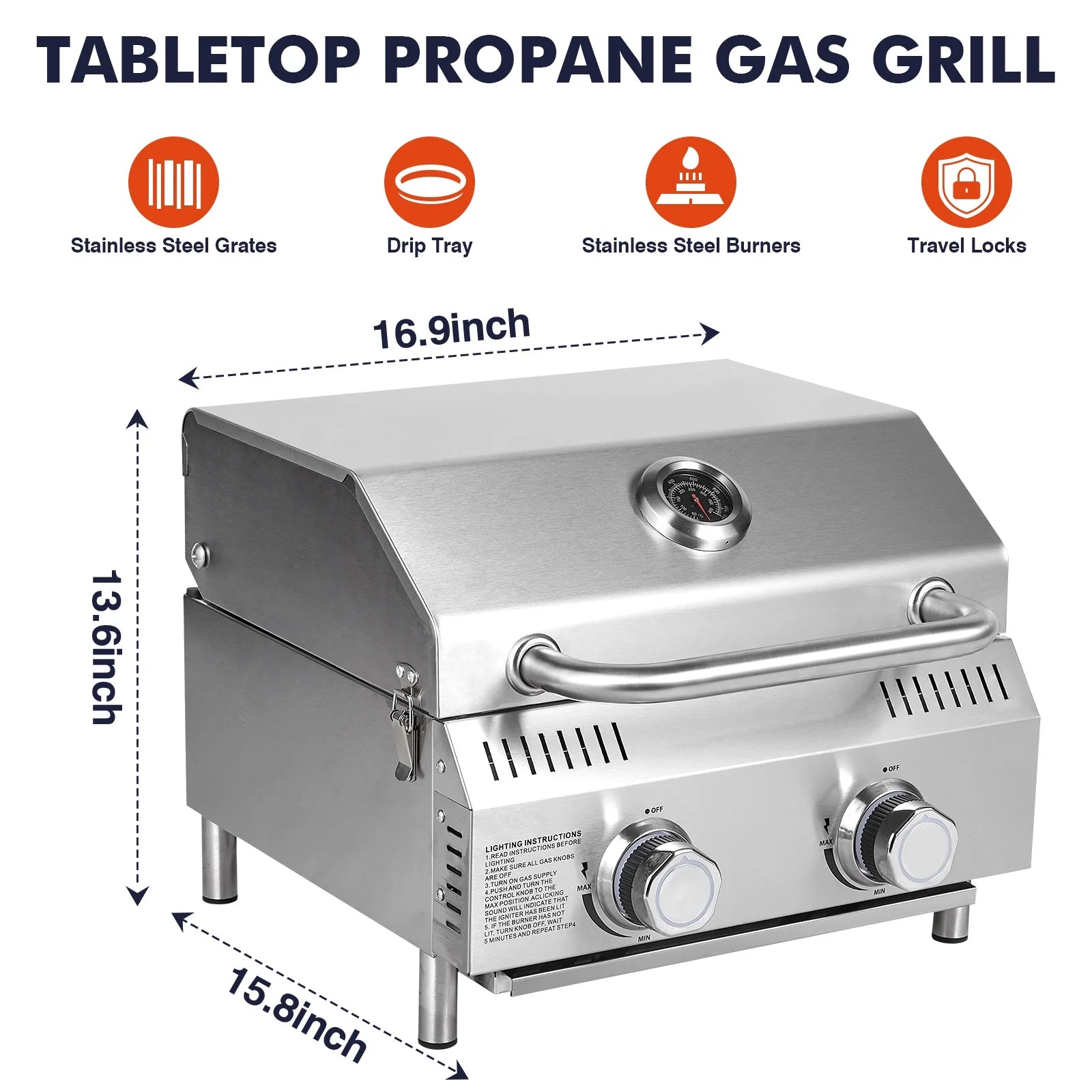 Portable 2-Burner Tabletop Propane Grill for Patio, 20,000 BTU, Stainless Steel, Camping & Tailgating