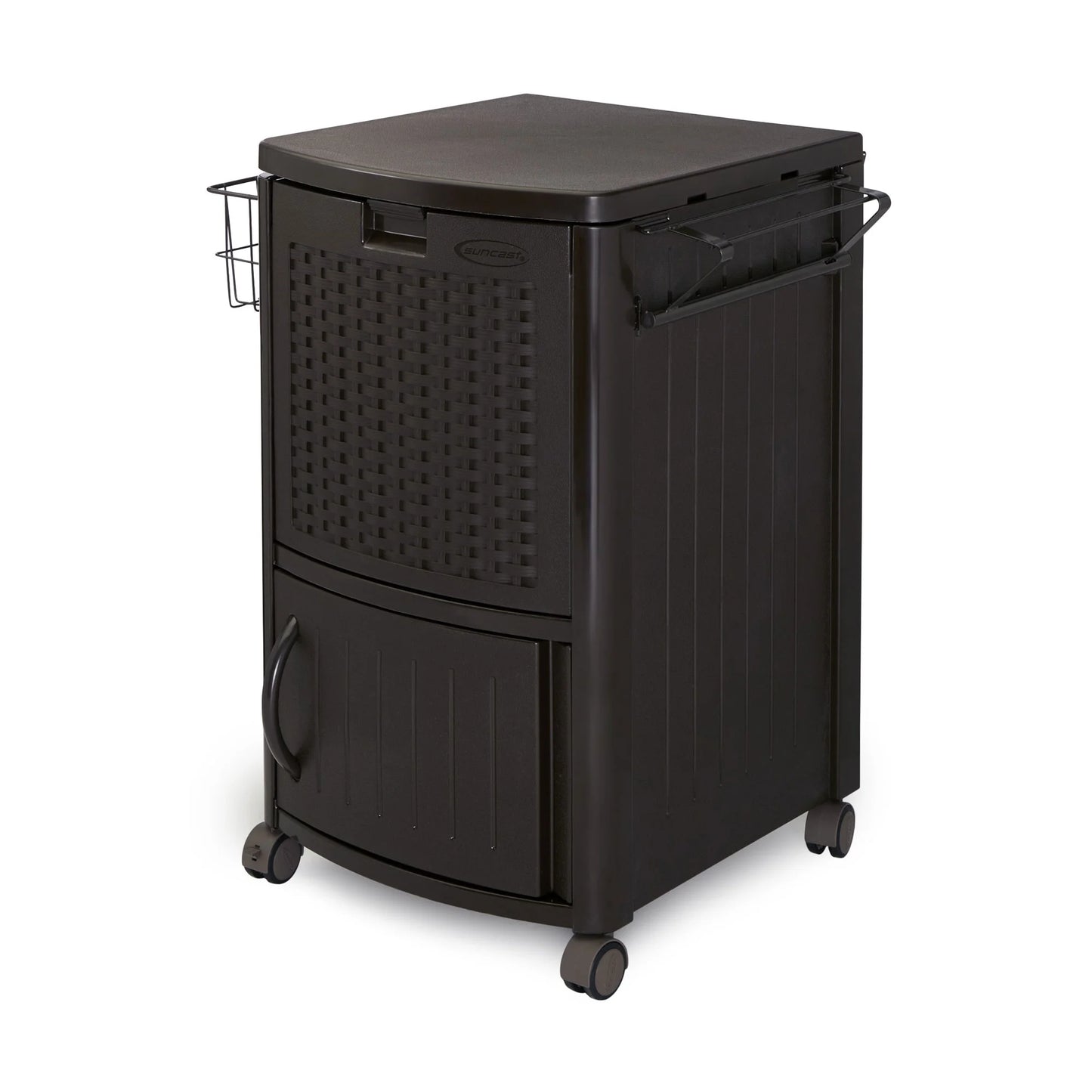 Suncast 77 Quart Patio Cooler w/Cabinet and Basket w/Wicker Trash Hideaway