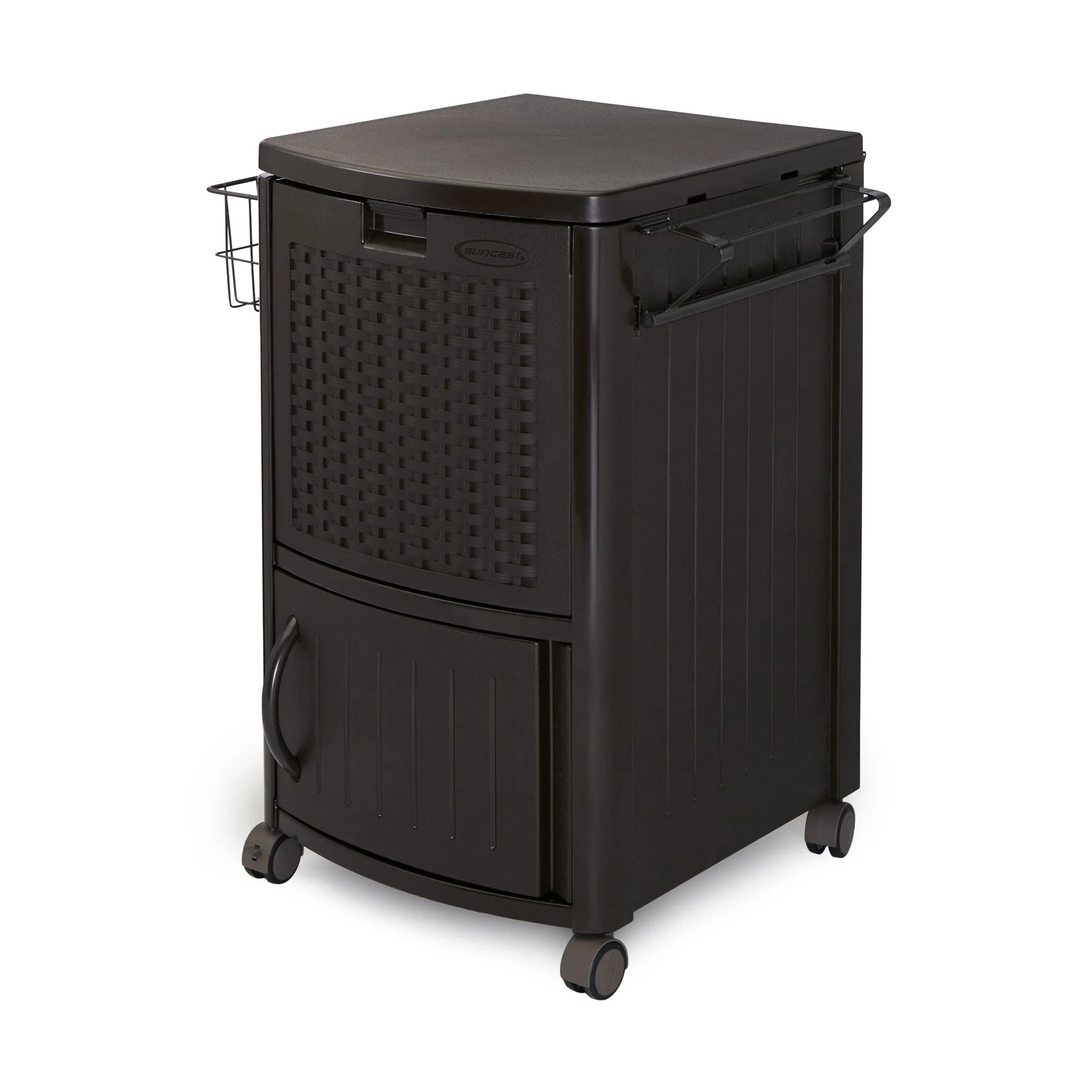 Suncast 77 Quart Patio Cooler w/Cabinet and Basket w/Wicker Trash Hideaway