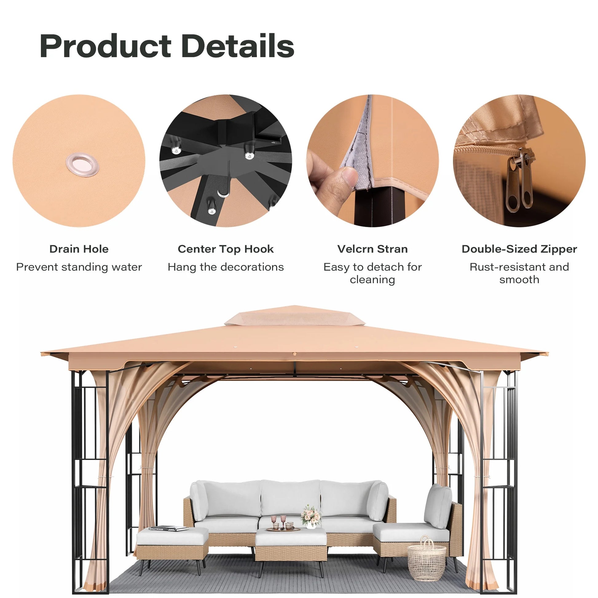 LAUSAINT HOME Patio Gazebo 13'x11',Heavy Duty Gazebos Shelter Party Tent with Double Roofs, Mosquito Nettings for Backyard, Garden, Lawn,(Khaki)