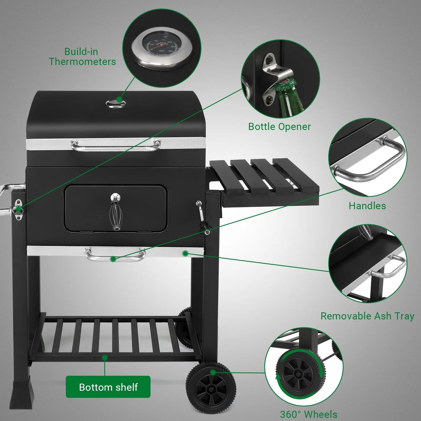 Seizeen Charcoal Grill, 42.5''H Portable BBQ Grill on Wheels, Heavy-duty Outdoor Grill w/2 Grill Area, Adjustable Pan & Foldable Side Table, Picnic Patio Garden and Backyard Grilling