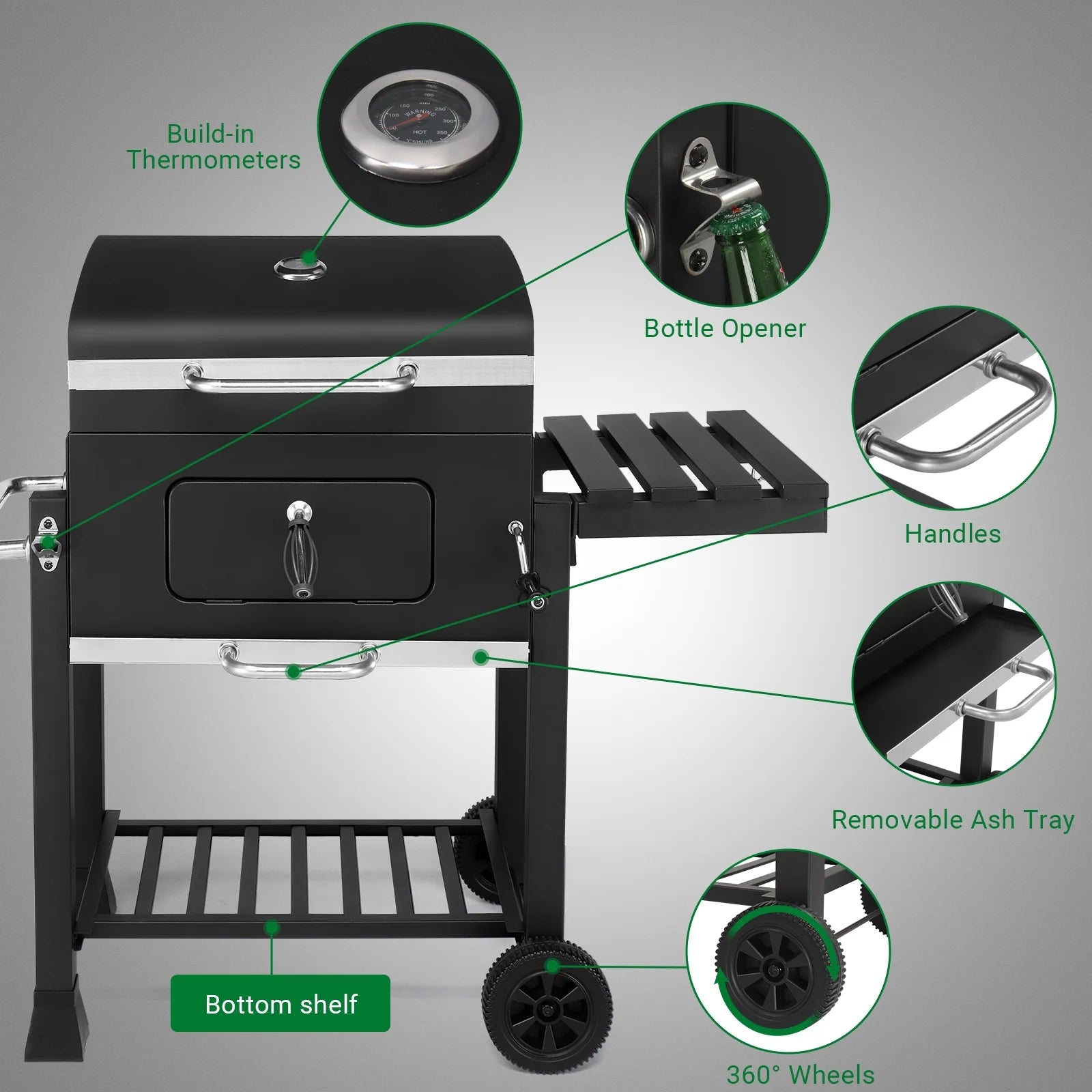 Seizeen Charcoal Grill, 42.5''H Portable BBQ Grill on Wheels, Heavy-duty Outdoor Grill w/2 Grill Area, Adjustable Pan & Foldable Side Table, Picnic Patio Garden and Backyard Grilling