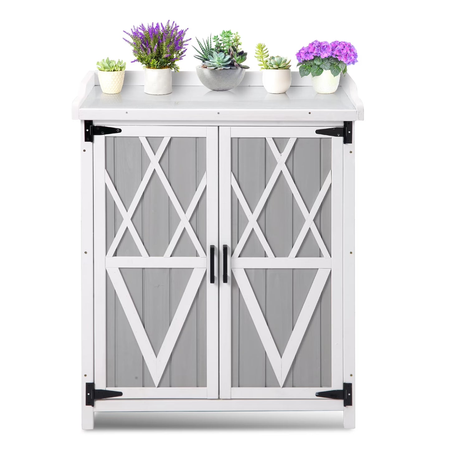 Outdoor Potting Bench - Wooden Storage Cabinets with Metal Tabletop Planting Work Benches with Adjustable Shelf Double Doors Garden Work Bench for Backyard Patio Lawn