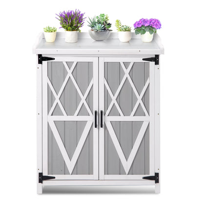 Outdoor Potting Bench - Wooden Storage Cabinets with Metal Tabletop Planting Work Benches with Adjustable Shelf Double Doors Garden Work Bench for Backyard Patio Lawn