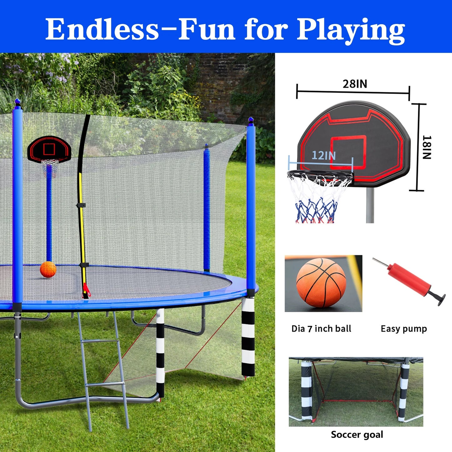 16FT Trampoline with Basketball Hoop, Outdoor Trampoline with Safety Enclosure Net, Recreational Trampoline for Kids and Adults with Soccer Goal, 1000lbs Weight Capatity for Backyard, Patio