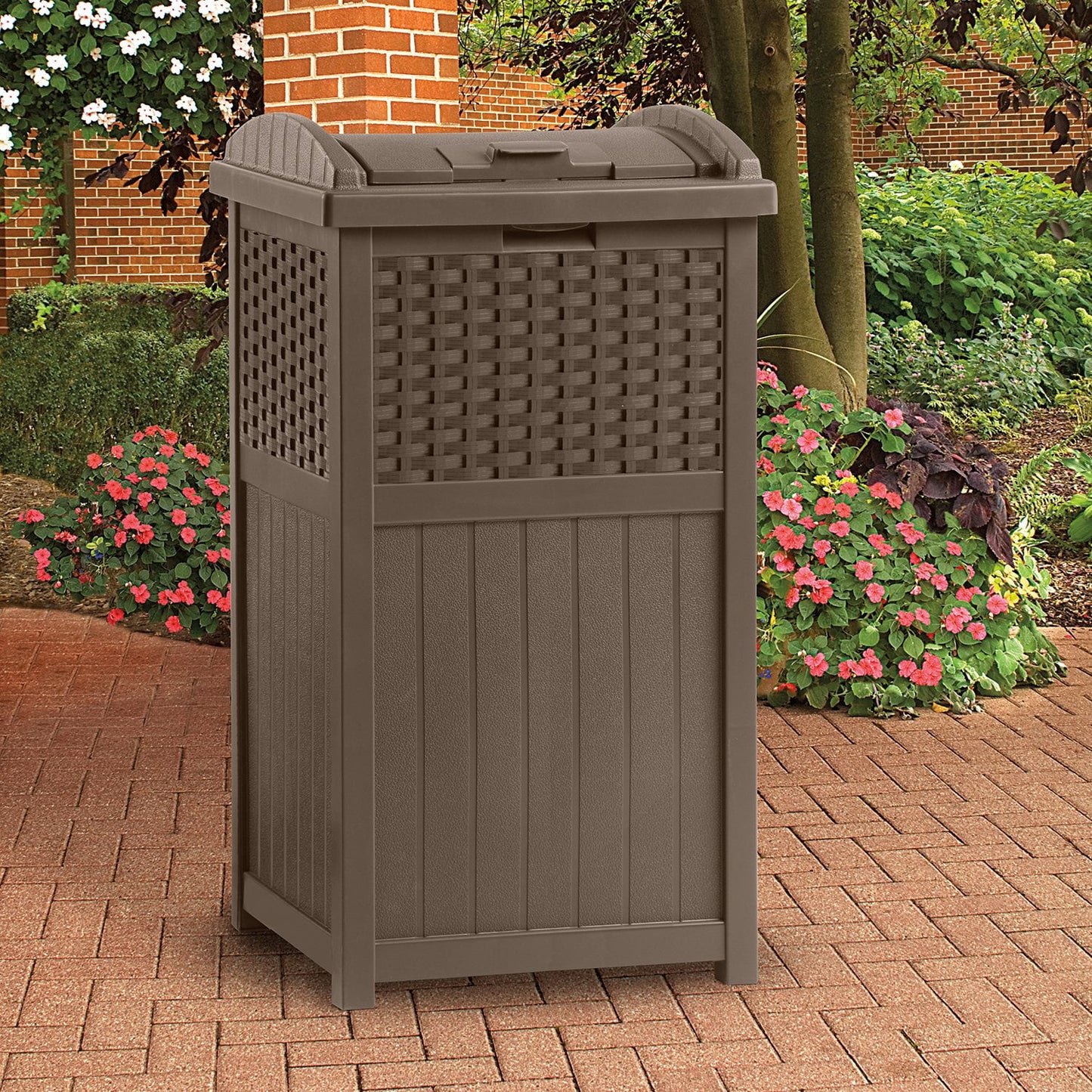 Suncast 77 Quart Patio Cooler w/Cabinet and Basket w/Wicker Trash Hideaway