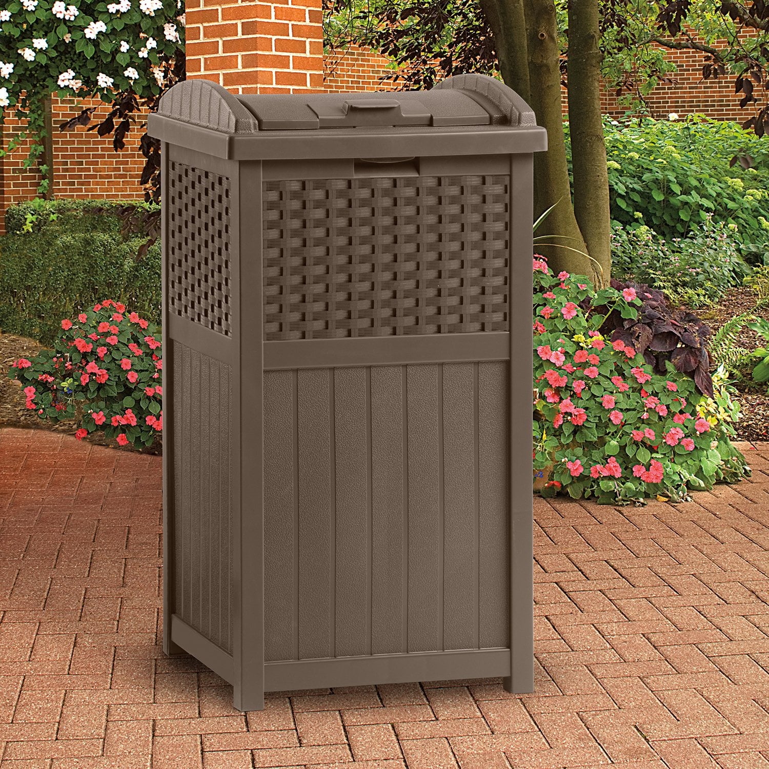 Suncast 77 Quart Patio Cooler w/Cabinet and Basket w/Wicker Trash Hideaway