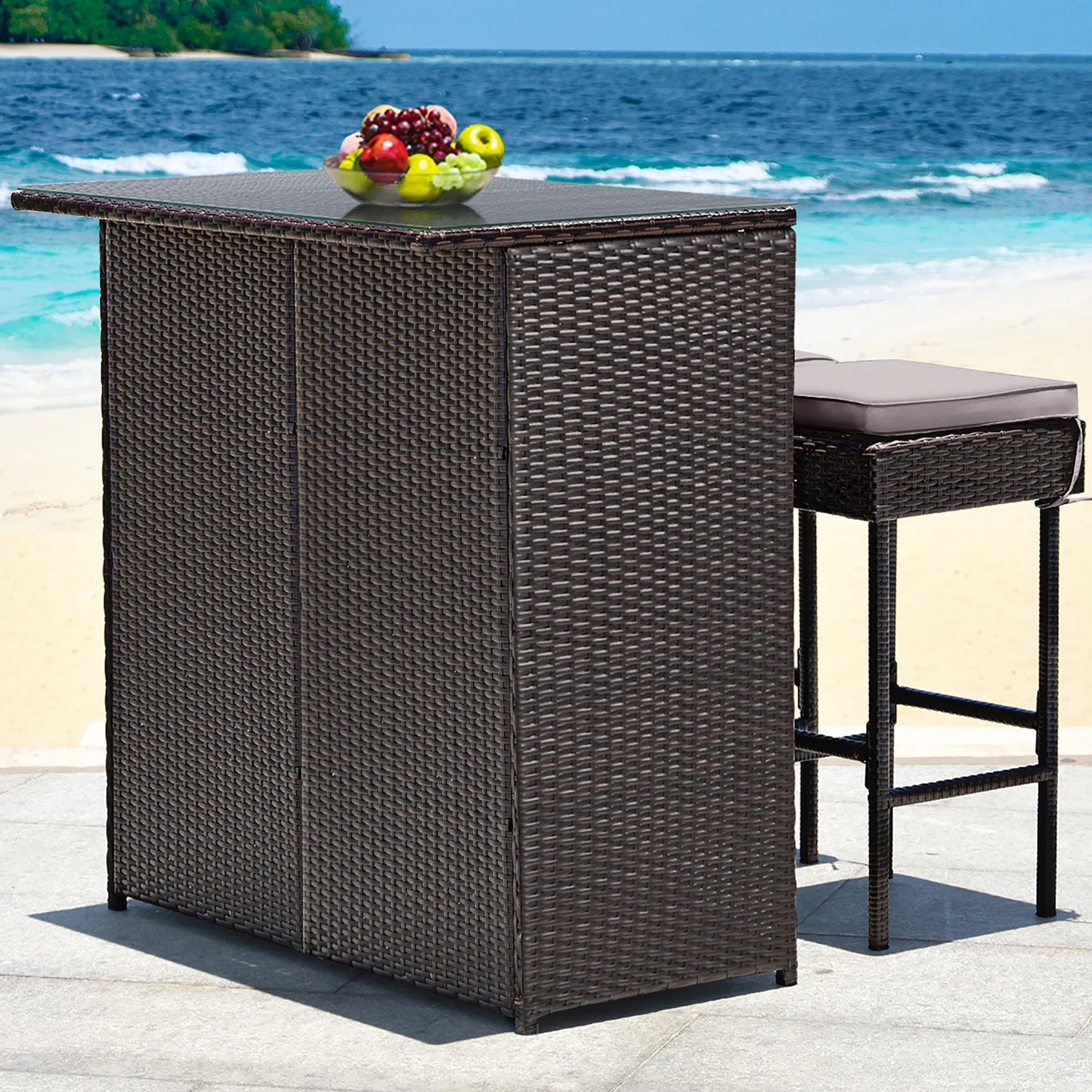 Costway Patio 3PCS Rattan Bar Table Stool Set Cushioned Chairs with Gray & Off white Cover