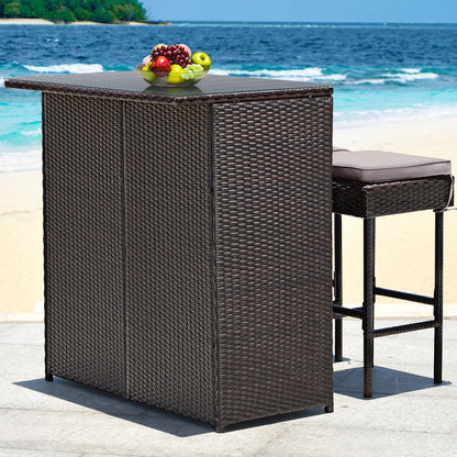 Costway Patio 3PCS Rattan Bar Table Stool Set Cushioned Chairs with Gray & Off white Cover