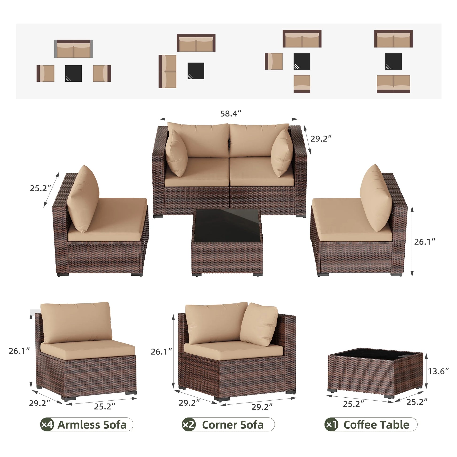 MRUAKA 8 Pieces Patio Furniture Set with Fire Pit Table, Outdoor Furniture Sectional Rattan Sofa with Slanted Back, Patio Couch with Glass Coffee Table for Backyard Garden (Dark Grey)