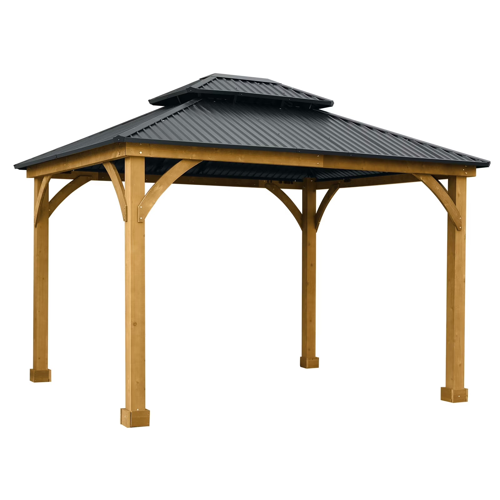 Aoodor 10 x 12 ft Wooden Frame Gazebo with 2-Tier Galvanized Metal Hardtop Roof, Outdoor Patio Gazebo with Charging Socket for Patio, Backyard, Deck, and Lawn