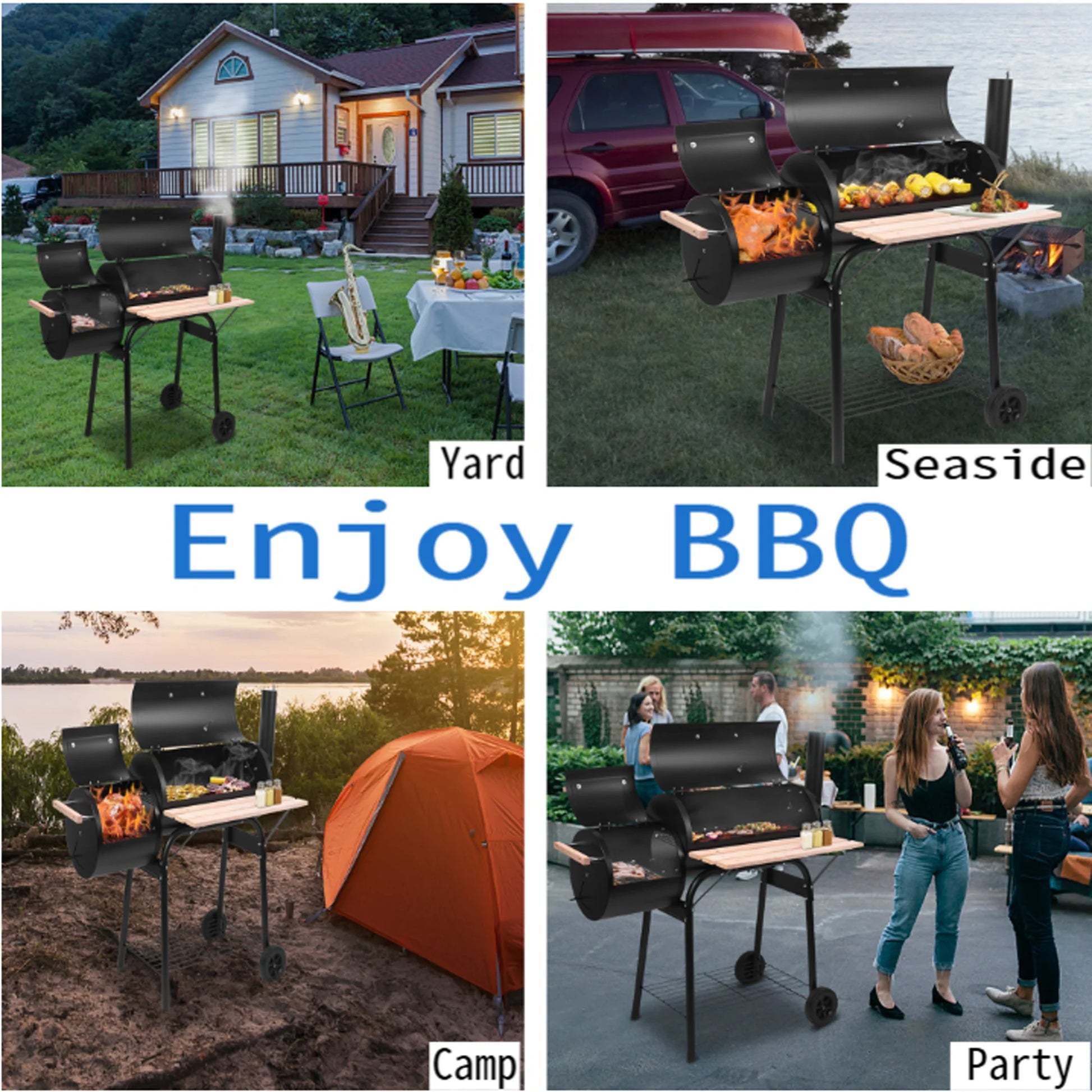 Barrel Charcoal Grill with Offset Smoker, BBQ Grill with Side Table and Wheels for Outdoor Camping, Garden, Patio and Backyard Barbecue Cooking, Black