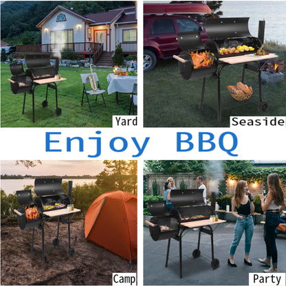 Barrel Charcoal Grill with Offset Smoker, BBQ Grill with Side Table and Wheels for Outdoor Camping, Garden, Patio and Backyard Barbecue Cooking, Black
