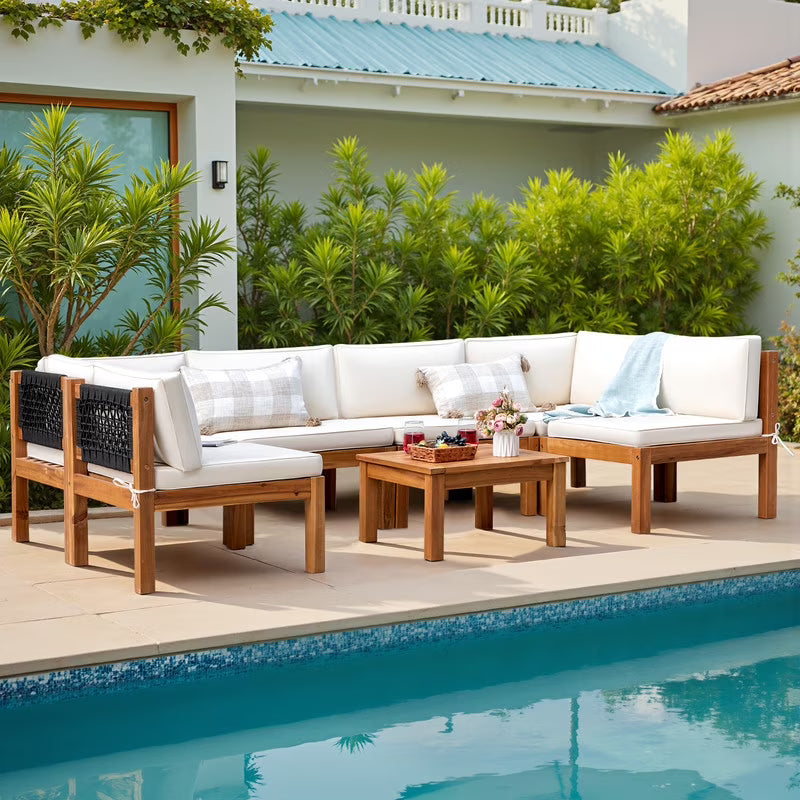 Devoko 7 pieces Patio Acacia Wood Sectional Sofa with CushionsOutdoor Furniture Set for Porch, Yard and Balcony