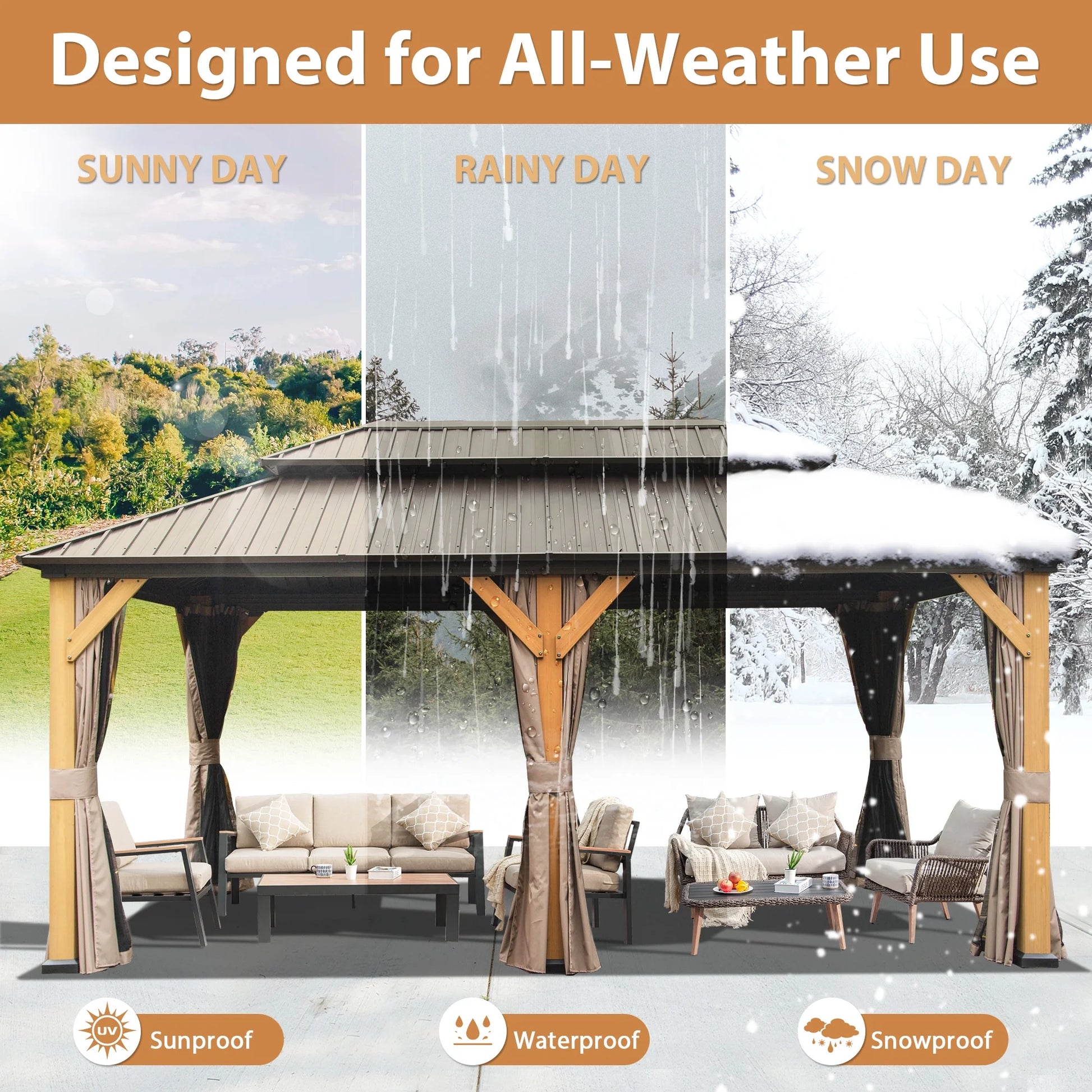 Domi 12x20 ft Wood Gazebo, Cedar Wood Frame Hardtop Gazebo with Galvanized Steel Double Roof, Outdoor Gazebo with Netting and Curtains, Patio Gazebo Pergola Pavilion for Patio, Backyard, Deck, Lawns
