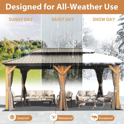 Domi 12x20 ft Wood Gazebo, Cedar Wood Frame Hardtop Gazebo with Galvanized Steel Double Roof, Outdoor Gazebo with Netting and Curtains, Patio Gazebo Pergola Pavilion for Patio, Backyard, Deck, Lawns